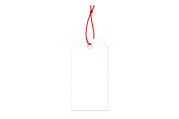 White blank tag or label with a red string, hanging for various promotional and pricing purposes. Transparent background