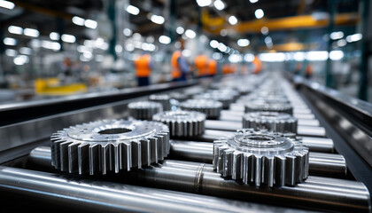 Automotive gear spare parts assembly line at factory. Workers, engineers at work. Mechanical engineering, production process