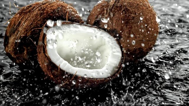 Super slow motion fresh topical coconuts . Filmed on a high-speed camera at 1000 fps. High quality FullHD footage