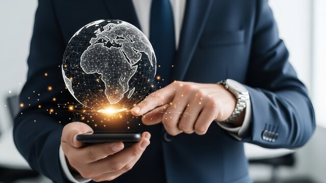 Person in a suit holds a smartphone displaying a glowing digital globe with connections and light particles. - Powered by Adobe