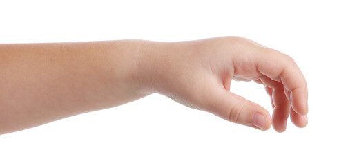 Little girl holding something on white background, closeup