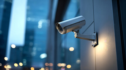 Security camera mounted on a modern building exterior provides surveillance and protection against crime in urban areas