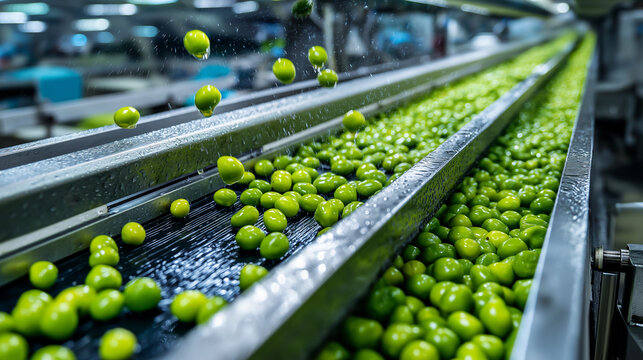 AI generator images of Vast quantities of fresh peas load onto a conveyor belt inside a modern food processing plant. This is part of the IQF (Individual Quick Freezing) process for freezing peas