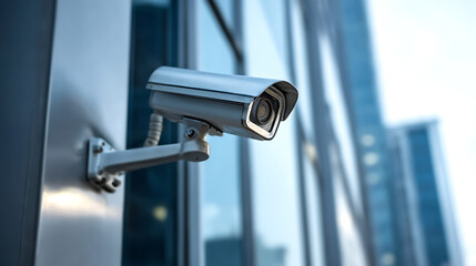 Security camera mounted on a modern building exterior provides surveillance and protection against crime in urban areas