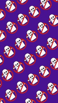 Abstract vertical background with seamless pattern of cartoon ghost with red prohibited signs for halloween celebration in a tile backdrop looping animation. Repeating wallpaper ghostbuster icons.