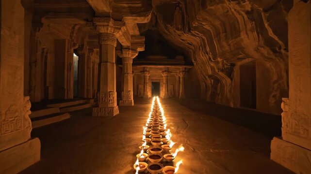 Ancient Stone Cave Sanctuary Lit by Rows of Flickering Oil Lamps Creating an Ethereal Warm Glow Down a Long Corridor with Ornate Pillars and Carved Walls Illuminated by Dramatic Dim Lighting
