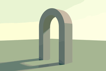 Fototapeta premium A minimalist, abstract illustration showcases a simple gray archway casting a subtle shadow on a soft green ground, set against a pale, neutral sky, creating a sense of calm.