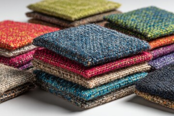 日中にテーブルの上に積み重ねられたカラフルな布の正方形