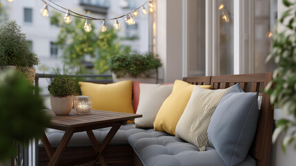 A small balcony transformed into a peaceful retreat, with a bistro table, vibrant cushions, and string lights creating an inviting atmosphere for relaxation. cinematic color correction, natural