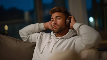 Obraz premium Solitary evening indoors with individual listening to music alone, dim lighting, comfortable sofa, calm thoughts, relaxation ritual, emotional balance and slow paced lifestyle moment cinematic
