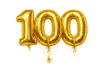 Number 100 gold foil balloons for a hundred year anniversary celebration, birthday, or special hundredth event, transparent background