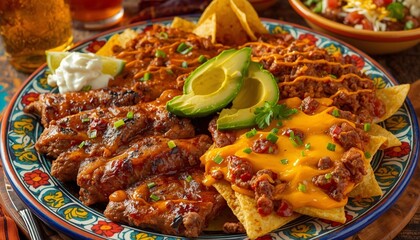 Colorful Plate of Nachos with Meat, Cheese, and Avocado Slices
