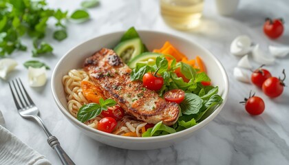 Grilled Chicken Pasta Salad with Vegetables and Herbs in Bowl