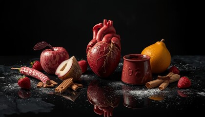Still Life with Human Heart, Fruits, and Spices on Black Background