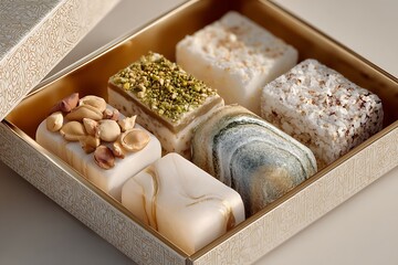 Assorted gourmet sweets in elegant gold box for gift giving