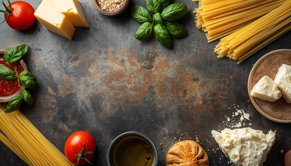 Italian Food Ingredients on Rustic Table, Cooking Essentials Displayed