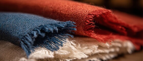 青、赤、白の生地をレイアウトしたテキスタイルショーケース