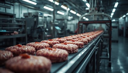 Meat Production Line with Raw Sausages on Conveyor Belt
