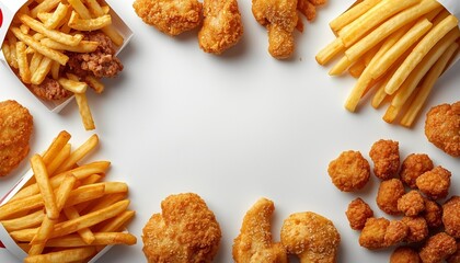 Assorted Fast Food Chicken and Fries on White Background