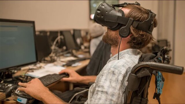 Individual engaged in a virtual reality sensitivity training program focusing on navigating public spaces with a mobility impairment.