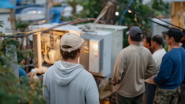 Mobile power units delivering temporary electricity to a blackout-hit neighborhood, cables snaking from humming generators as residents gather with relief &mdash; energy restoration, infrastructure