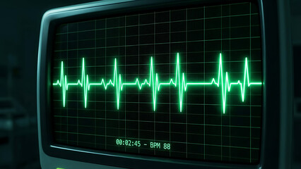 Close-up of a green heart monitor displaying a healthy, steady ECG waveform with digital readouts