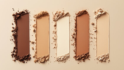 Fototapeta premium Five earth-toned makeup powders, broken, arranged in studio. Neutral, brown, beige shades with crushed texture showcase vibrant pigment