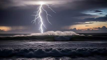 A dramatic lightning bolt strikes the turbulent ocean waves during a stormy evening