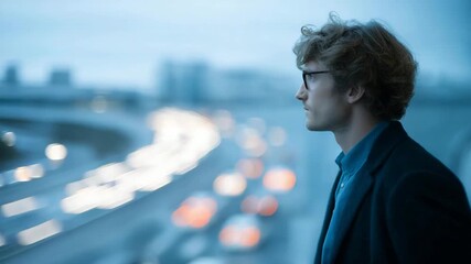 A commuter silhouette double-exposed with traffic heatmaps and flowing light trails, visualizing urban mobility, congestion, and smart transport systems. cinematic color correction, natural uneven - Powered by Adobe