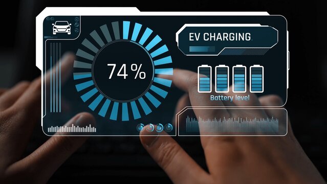 Charging interface for electric vehicles showing real-time battery level, charging status, power output, station location, and navigation for efficient energy management Marrow