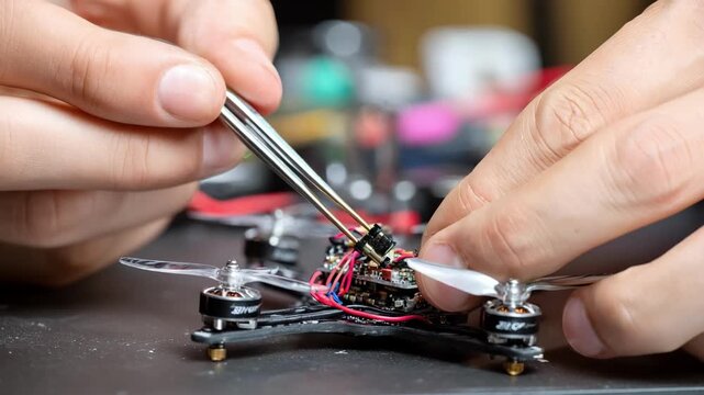 Engineer inspects and finetunes the rotor blades of a compact toy drone preparing it for a smooth indoor flight.