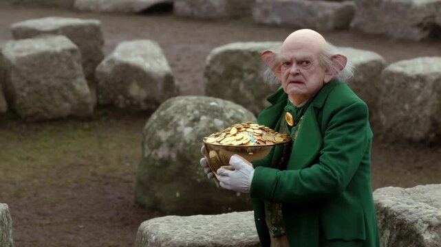 Fantasy folklore leprechaun guarding treasure pot of gold coins in rustic stone circle