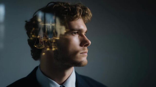 A human brain silhouette double-exposed with statutes and decision trees, representing legal reasoning, critical thinking, and judicial decision-making. cinematic color correction, natural uneven