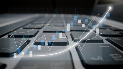 A close-up image of a modern keyboard featuring graphical elements that represent financial data, highlighting growth trends and technological advancement in a work setting. Copula