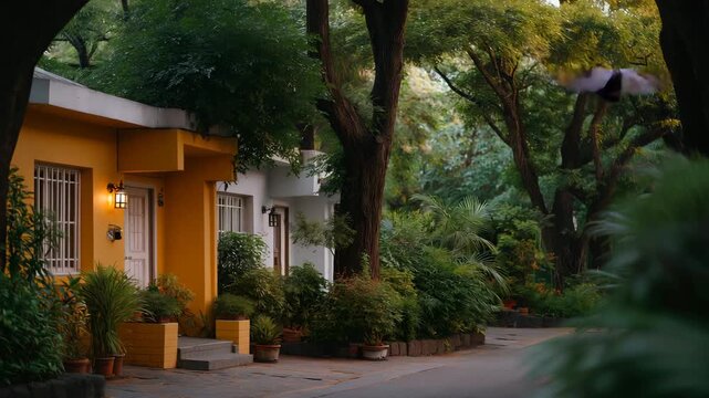 A modular housing community featuring identical base units adapted with different facades, illustrating personalization within standardized construction systems. cinematic color correction, natural