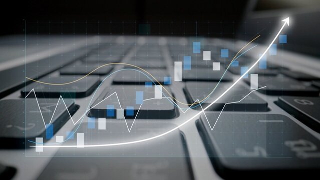 A close-up image of a modern keyboard featuring graphical elements that represent financial data, highlighting growth trends and technological advancement in a work setting. Copula - Powered by Adobe