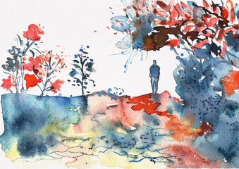Hand Painted Watercolor Scene with Solitary Figure and Emotional Landscape