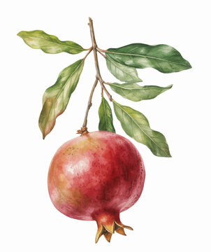 
Botanical pomegranate fruits on branch with gentle watercolor texture.