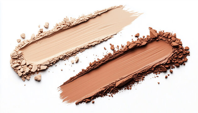Macro shot of shimmering bronzer swatches on a white background. Features two distinct shades of cosmetic powder, one golden and