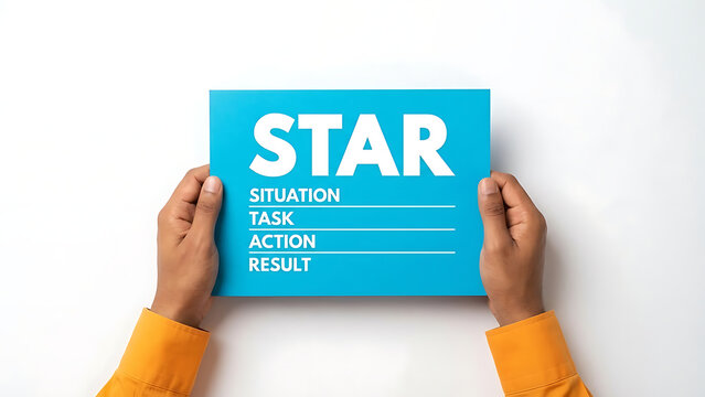 Hands holding a blue card with the STAR method written on it, emphasizing Situational analysis, Task completion, Action, and Results