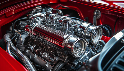 Fototapeta premium Close-up of precision engine components, high-quality mechanical parts, sophisticated automotive technology, intricate designing in