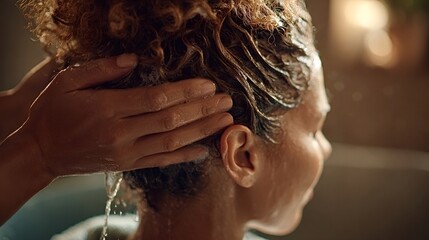 Woman enjoying a luxurious spa shampoo and scalp massage, hair lathered with foam as a stylist gently cleanses and pampers natural curly afro hair for relaxation and care