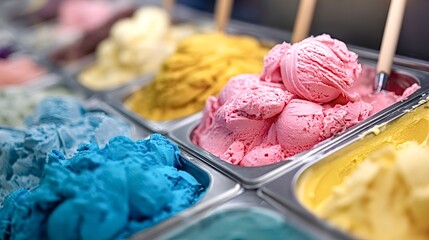 Rows of vibrant italian gelato scoops in metal pans, colorful creamy flavors lined up in a bright shop display offering a tempting, refreshing selection of frozen desserts