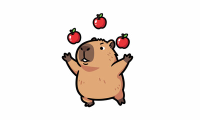 Cartoon Capybara Juggling Red Apples in Air.