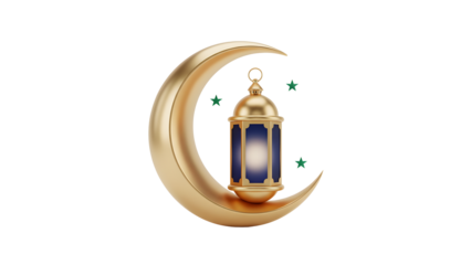 Golden crescent moon with lantern and stars isolated Ramadan Islamic 3D illustration