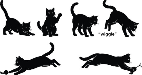 Cat silhouettes stalking, wiggling, pouncing, playful hunting sequence, black vector art, feline motion, toy interaction, animal behavior, pet agility © Ezazul Haque