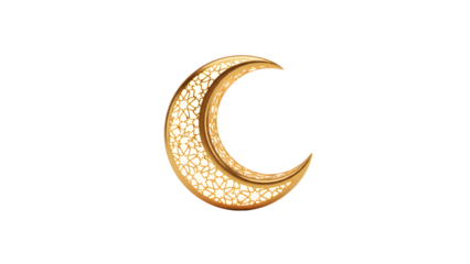 Ornate golden crescent moon isolated white background Ramadan Islamic 3D illustration