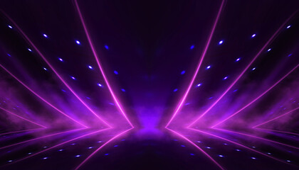 Background of empty room with spotlights and lights, abstract purple background with neon glow