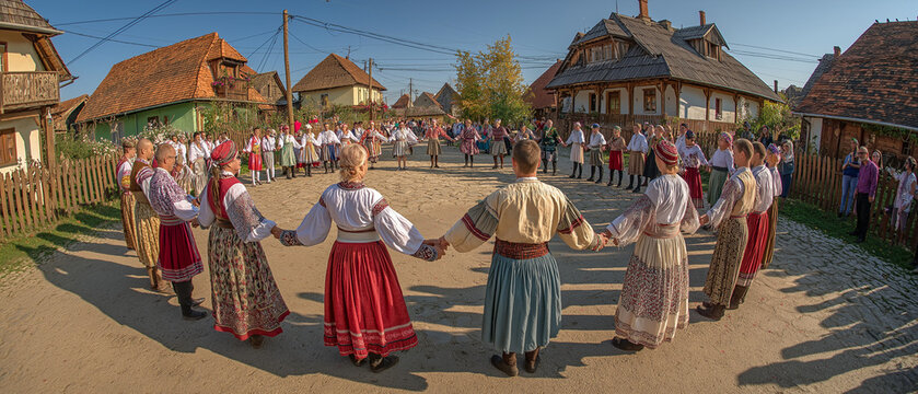 AI generator images of traditional circle dance called Hora, performed in the village of Rimetea (or Torock&oacute; in Hungarian) in the Transylvania region of Romania, symbolizes unity and harmony