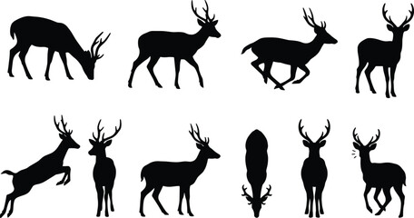 Deer silhouette illustration, black deer, wildlife vector, antlered animal, standing deer, walking deer, leaping deer, top view, nature art, safari animal, gray background, wild animal clipart © Ezazul Haque